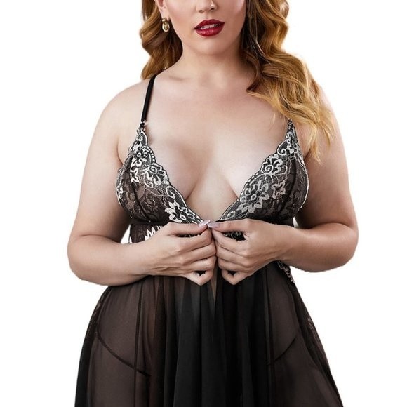 Black Lace Stitching Sheer Tulle Plus Size Babydoll Lingerie - Picture 5 of 6